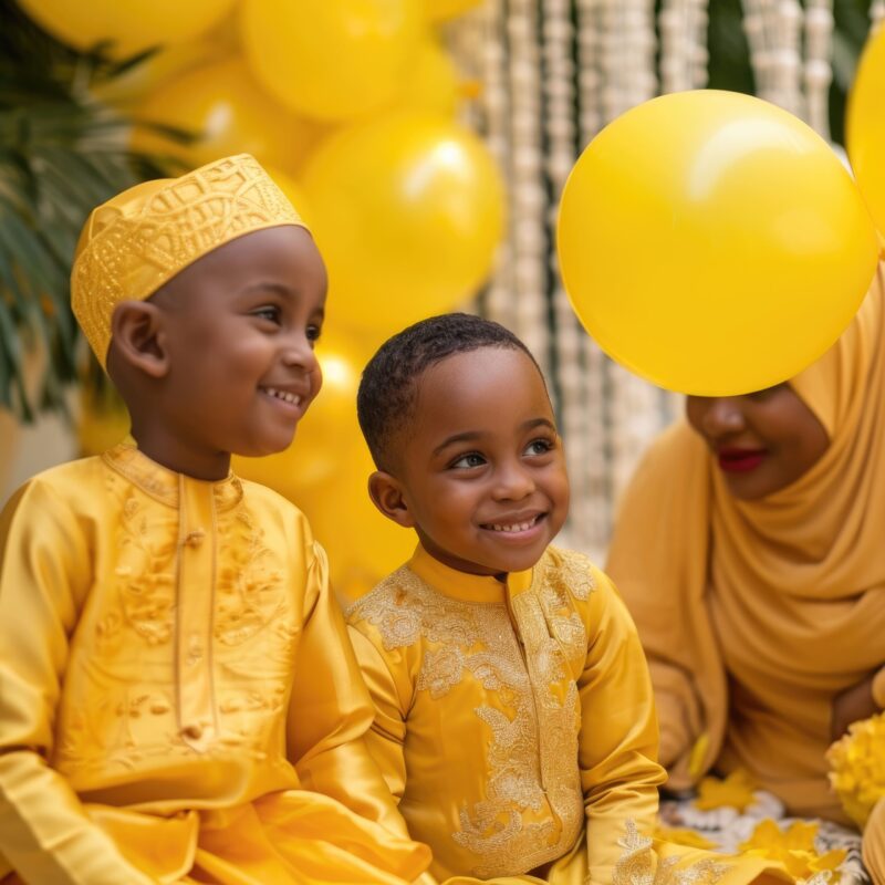 kids in yellow at a celebration w balloons